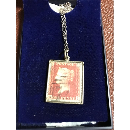 50 - Vintage Penny red stamp set in silver hallmarked mount on chain