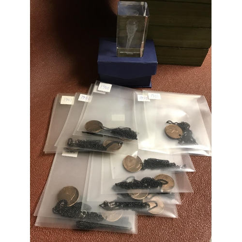 55 - Box including 14 x Victorian pennies made into necklaces and JFK paperweight