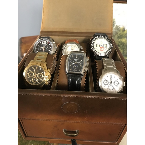 877 - Beautiful brown leather Fossil watch box with a collection of watches - Watches & Clocks are not tes... 