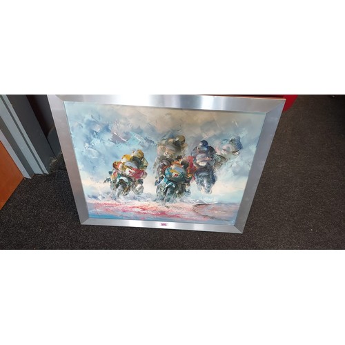 26 - Framed oil painting of motorbikes - signed A. Veccio