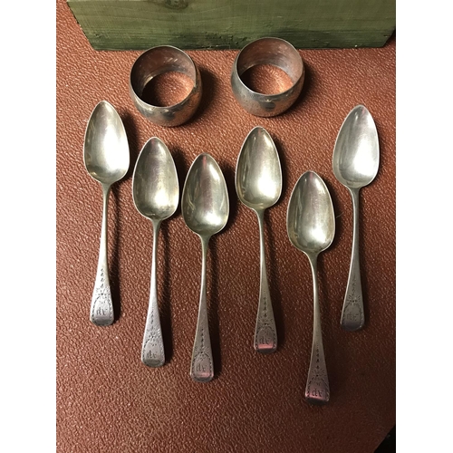 5 X SILVER HALLMARKED SPOONS & 2 X SILVER HALLMARKED NAPKIN RINGS