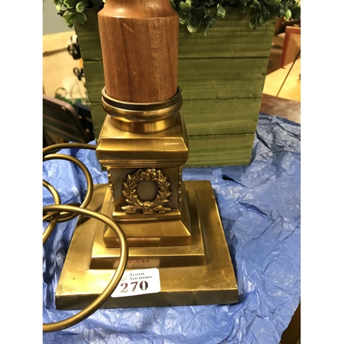 270 - LARGE BRASS & WOOD COLUMN LAMP BASE - STANDS AT 22 INCHES HIGH