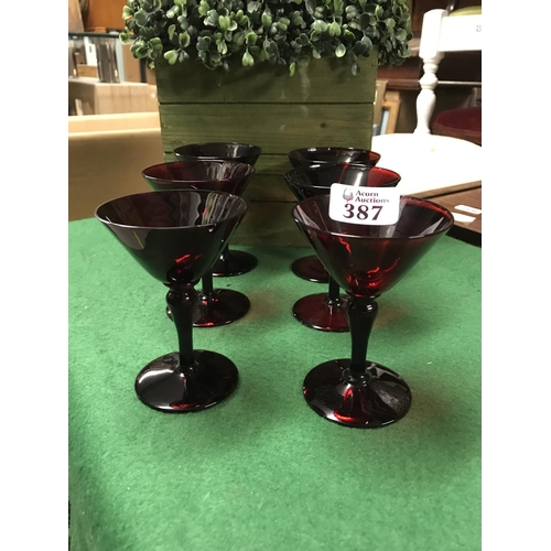 387 - 6 X LOVELY RUBY RED ART DECO COCKTAIL GLASSES