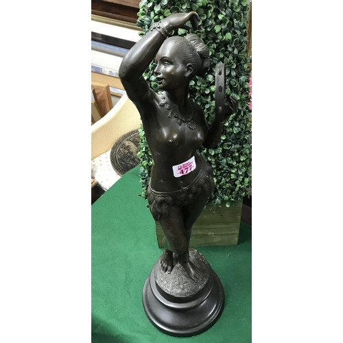 477 - LARGE BRONZE DANCING GIRL WITH TAMBORINE ON BASE