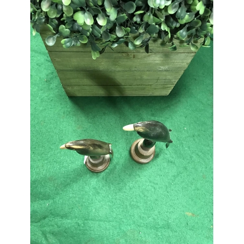 584 - PAIR OF VINTAGE BUFFALO HORN PARROTS ON BASE