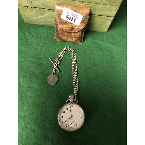 801 - SILVER POCKET WATCH & FOB & COINS ON A METAL CHAIN - WATCHES & CLOCKS ARE NOT TESTED