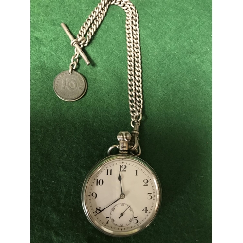 801 - SILVER POCKET WATCH & FOB & COINS ON A METAL CHAIN - WATCHES & CLOCKS ARE NOT TESTED