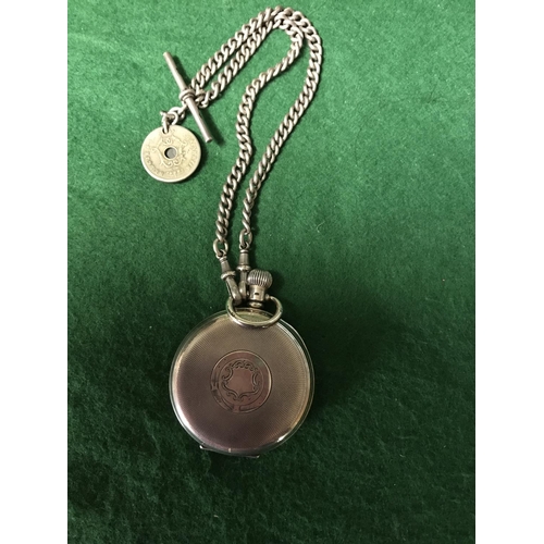 801 - SILVER POCKET WATCH & FOB & COINS ON A METAL CHAIN - WATCHES & CLOCKS ARE NOT TESTED