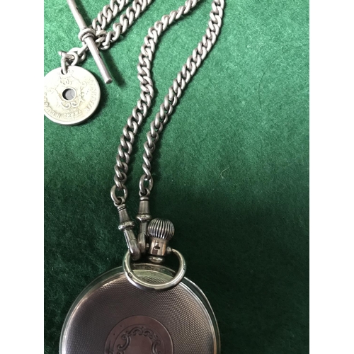 801 - SILVER POCKET WATCH & FOB & COINS ON A METAL CHAIN - WATCHES & CLOCKS ARE NOT TESTED