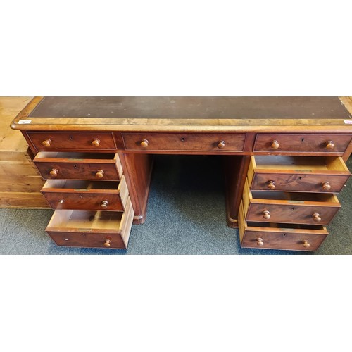 551 - VERY NICE EARLY SINGLE PIECE DESK WITH 9 DRAWERS & LEATHER INSERT - COLLECTION ONLY OR ARRANGE OWN C... 