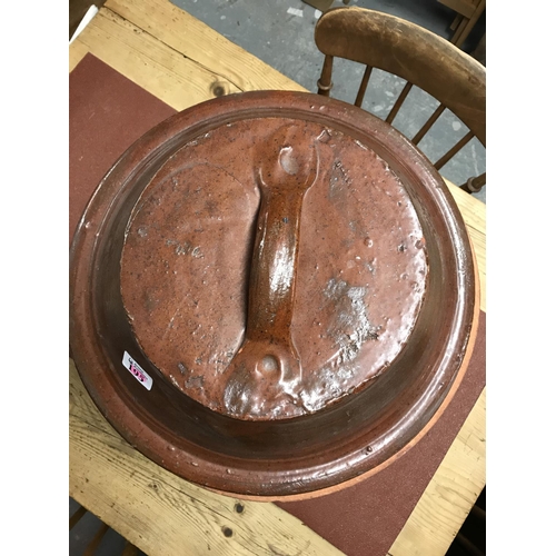 195 - LARGE HEAVY GLAZED LIDDED TERRACOTA POT WITH SMALL POT INSIDE H18