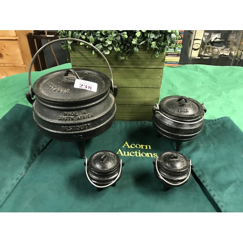 238 - 4 X CAST IRON SOUTH AFRICAN COOKING POTS