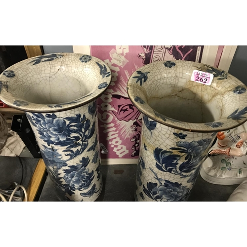 262 - PAIR OF EARLY ORIENTAL VASES WITH METAL TRIM - BOTH HAVING HAD REPAIRS 16