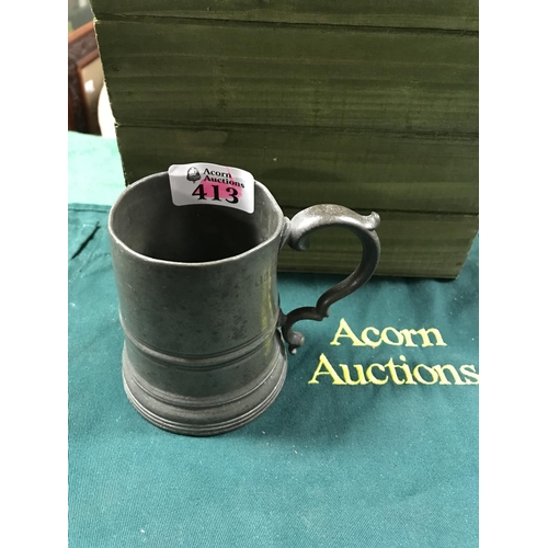 413 - VERY EARLY GLASS BOTTOM PEWTER TANKARD WITH MARKINGS 4