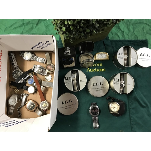 122 - BOX OF MIXED WATCHES & SMALL CLOCKS - CLOCKS & WATCHES ARE NOT TESTED