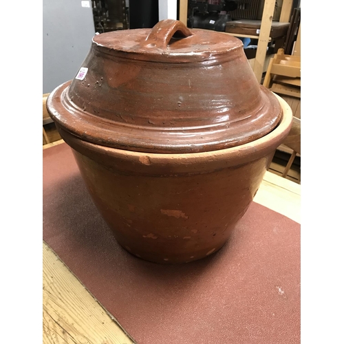 195 - LARGE HEAVY GLAZED LIDDED TERRACOTA POT WITH SMALL POT INSIDE H18