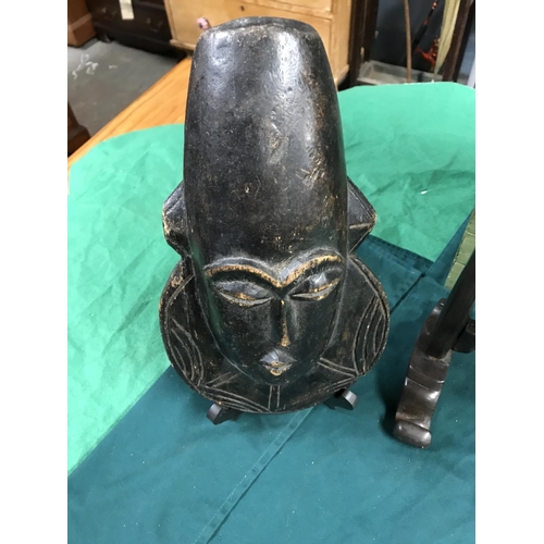 205 - WOODEN FRAMED TEMPLE BELL A/F TOP FRAME & WOODEN TRIBAL MASK