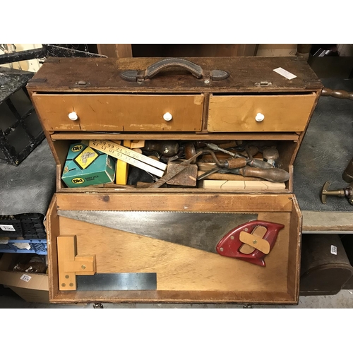 243 - HEAVY VINTAGE CARPENTERS TOOL BOX WITH LARGE QTY OF TOOLS INSIDE - COLLECTION ONLY