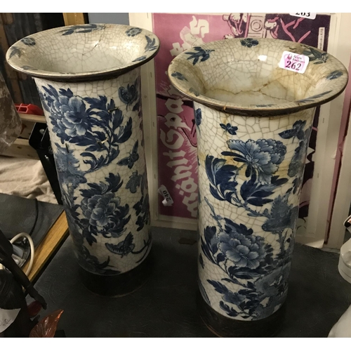 262 - PAIR OF EARLY ORIENTAL VASES WITH METAL TRIM - BOTH HAVING HAD REPAIRS 16