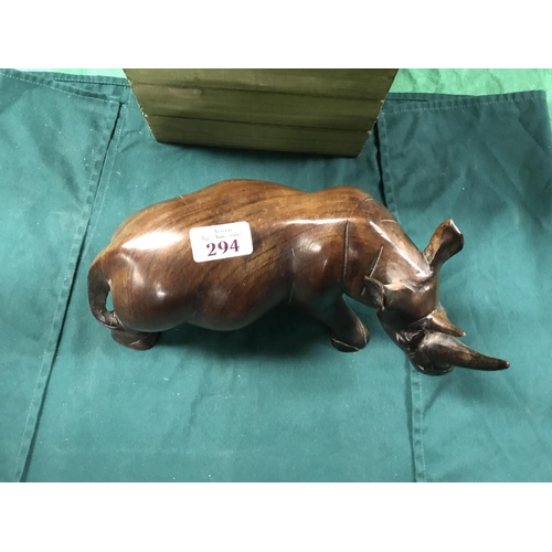 294 - WELL CARVED WOODEN RHINO W 11