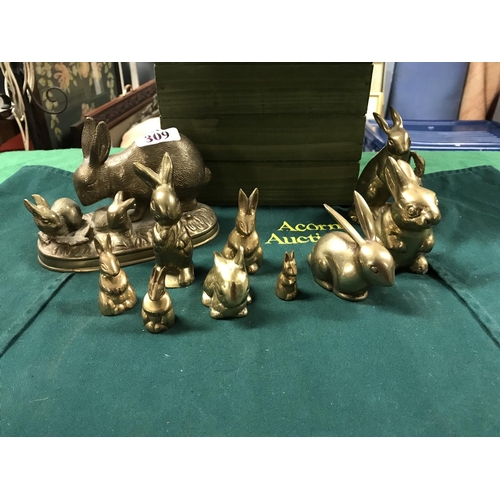 309 - 10 X VARIOUS BRASS RABBITS