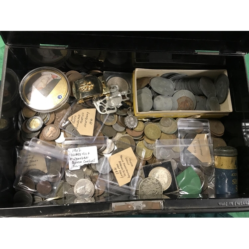 42 - METAL DEED BOX WITH ASSORTED FOREIGN AND ENGLISH COINS INSIDE