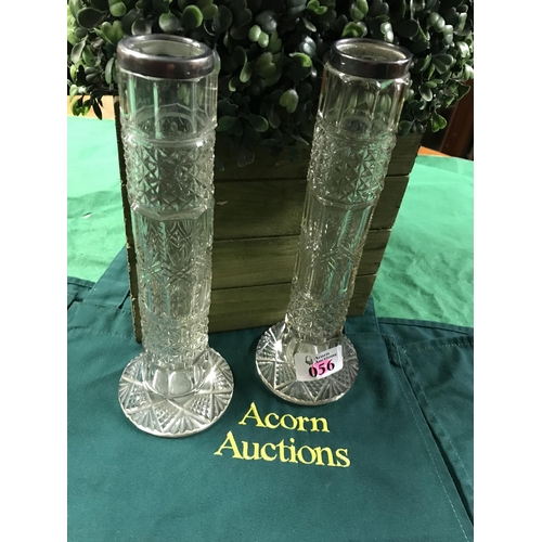 56 - PAIR OF VINTAGE GLASS VASES WITH SILVER HALLMARKED RIMS H9