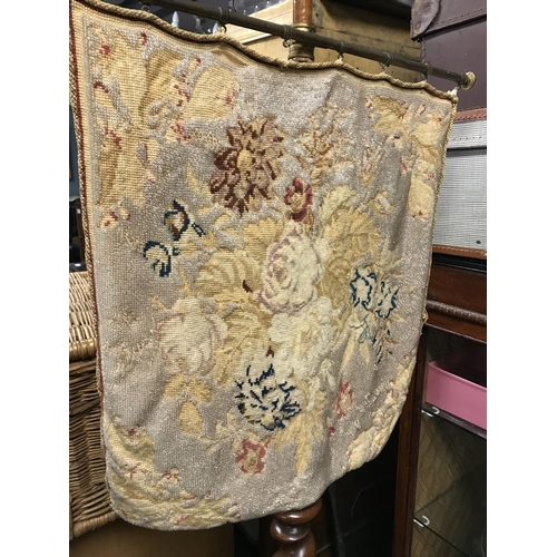 220 - Beautiful fire screen on twisted wooden base. Screen is beautifully decorated with - some wear comme... 