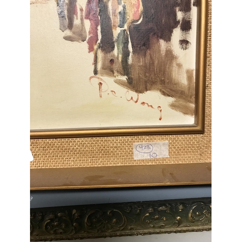 345 - Large framed original oil on canvas of an oriental  market scene - signed in corner - P. C. Wong