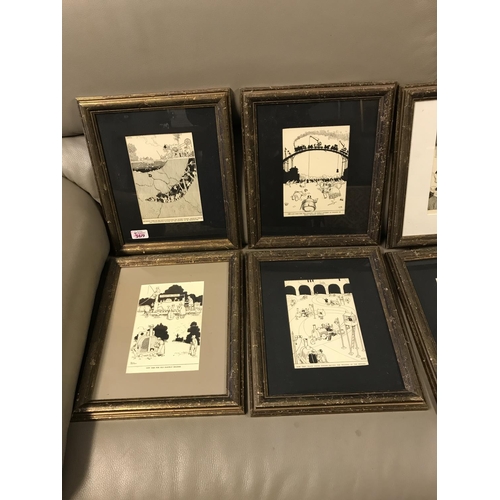 369 - 9 x Assorted vintage framed & glazed comical pictures by Heath Robinson