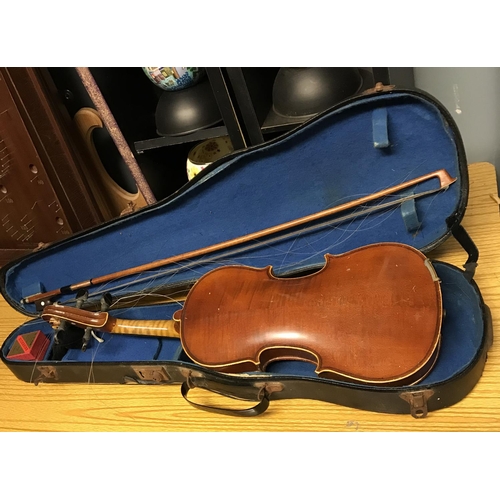 391 - Cased violin with bow etc - Copy of Stradivarius violin