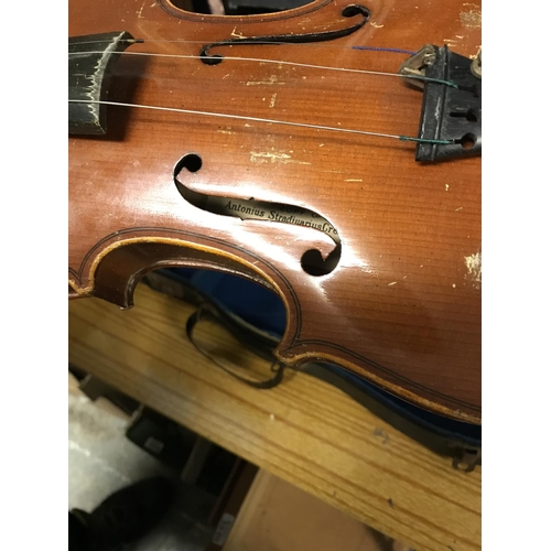 391 - Cased violin with bow etc - Copy of Stradivarius violin