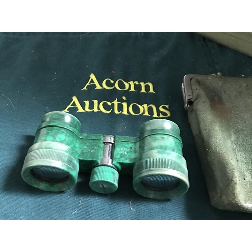 451 - Pair of lovely vintage green bakerlite Kershaw Tivoli opera glasses in a case...