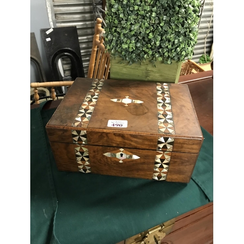 490 - Early wooden box with ornate detailing  & MOP inlay - needs some TLC...