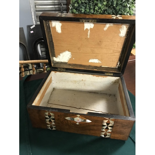 490 - Early wooden box with ornate detailing  & MOP inlay - needs some TLC