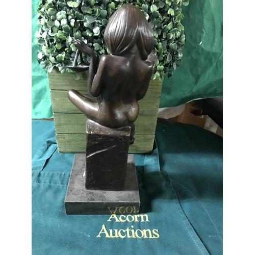 622 - Lovely sitting bronze figure of a nude on a marble base standing 12 