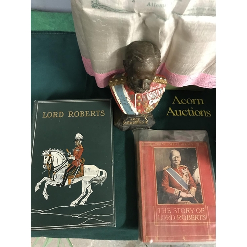 70 - Lovely vintage metal Lord Roberts bust with 4  x Lord Roberts books and commemorative Battle cloth...