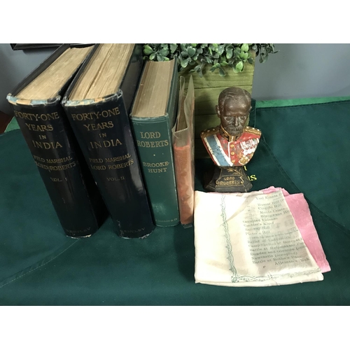 70 - Lovely vintage metal Lord Roberts bust with 4  x Lord Roberts books and commemorative Battle cloth...