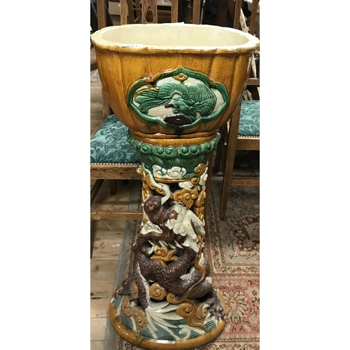 944 - Absolutely stunning large Majolica style jardiniere & pedestal decorated with dragon 37