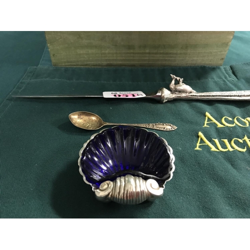 51A - SILVER SALT CONDIMENT HOLDER, SPOON AND LETTER OPENER