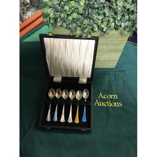 78 - CASED SET OF THEODOR OLSON OF BERGEN ENAMELLED SPOONS - SOME DAMAGE