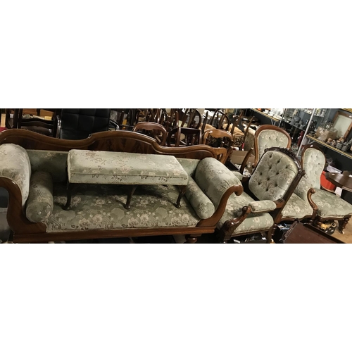 845 - VINTAGE PARLOUR SUITE INC CHAISE LOUNGE WITH MATCHING FOOT STOOL AND 3 X CHAIRS - COLLECTION ONLY OR... 