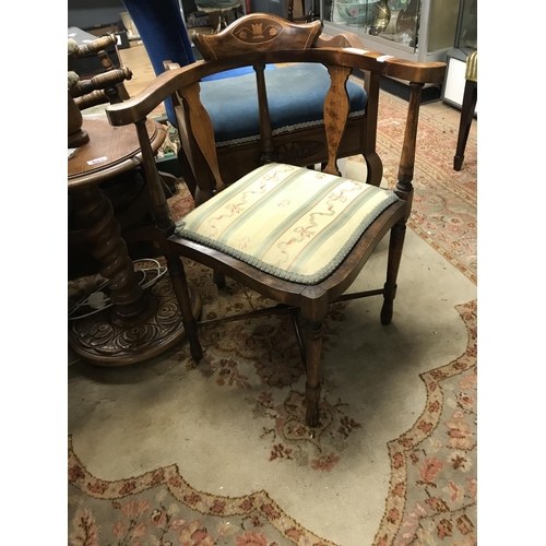 864 - LOVELY EARLY CORNER CHAIR WITH INLAY DETAIL AND UPHOLSTERED SEAT - COLLECTION ONLY OR ARRANGE OWN CO... 