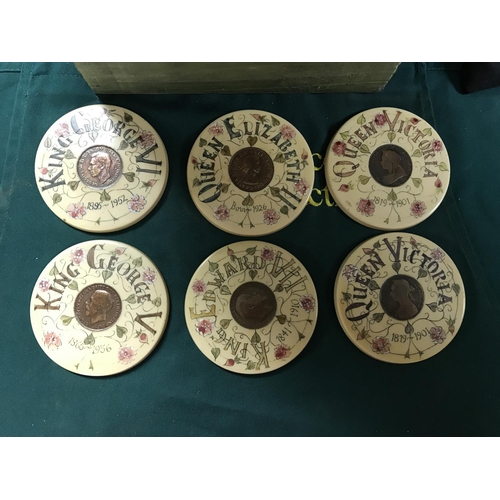 203 - 6 X EARLY KINGS & QUEENS COASTERS WITH EARLY COIN SET IN CENTRE