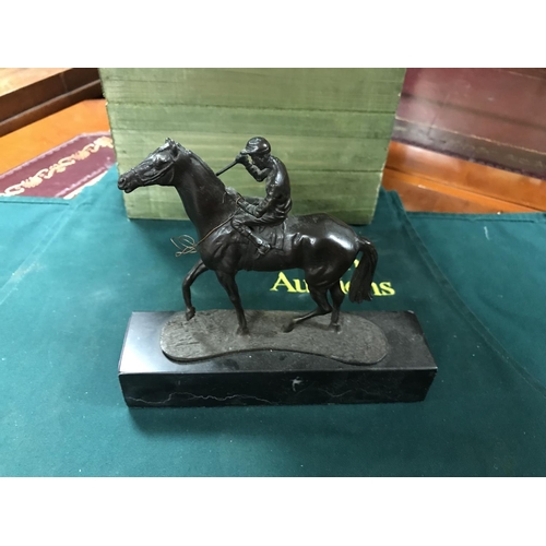 206 - LOVELY BRONZE HORSE  & JOCKEY ON MARBLE BASE - 15CMS H