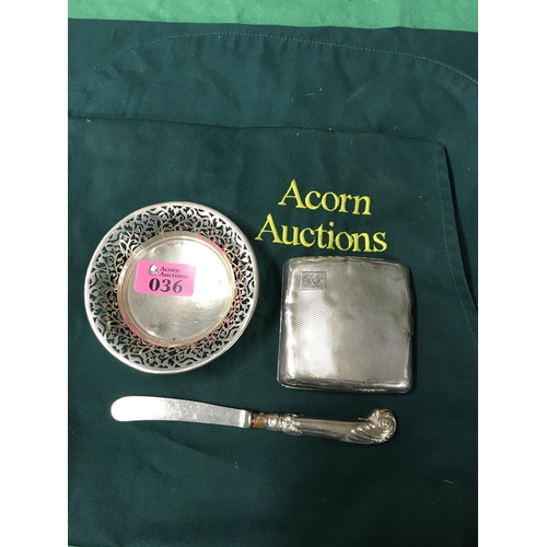 36 - SCRAP SILVER HALLMARKED CIGARETTE CASE, SILVER HANDLED KNIFE, SILVER DISH WITH PIERCED EDGE