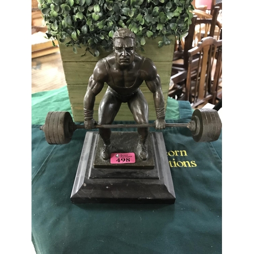 498 - LOVELY METAL WEIGHT LIFTER FIGURE ON A BASE - 24CMS H