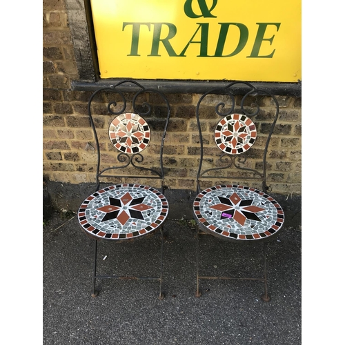 6 - PAIR OF LOVELY HEAVY METAL FOLDING GARDEN CHAIRS WITH CERAMIC MOSAIC SEATS & BACKS - COLLECTION ONLY... 