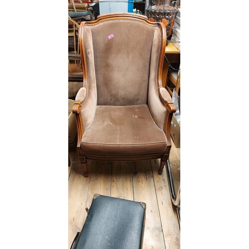 663 - LARGE EARLY CHAIR WITH WOODEN CARVED DETAILING & UPHOLSTERED SEAT, PAD & ARMS - COLLECTION ONLY OR A... 