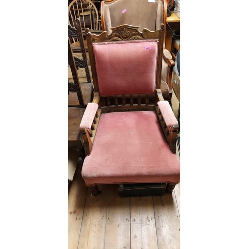 664 - EARLY LARGE CHAIR WITH CARVED DETAILING & UPHOLSTERED BACK, SEAT & ARMS - COLLECTION ONLY OR ARRANGE... 